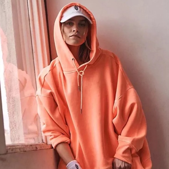 Free People Sprint To The Finish Hoodie Rib Hem Pockets Slouchy Hot Watermelon - Picture 5 of 7